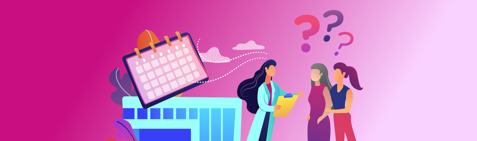 Illustration of an audiologist speaking to two women who have question marks above their heads.